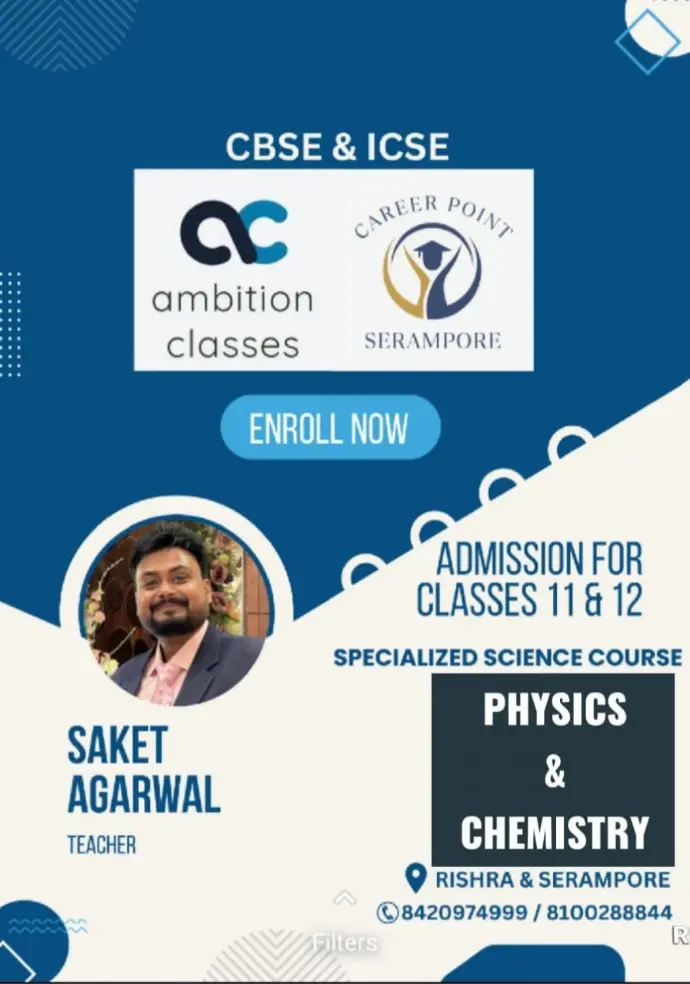 Just For Science admission poster — offline Classes 11 and 12 Physics and Chemistry tuition in Rishra and Serampore with teacher Saket Agarwal